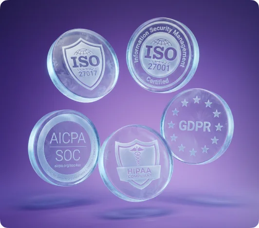 ISO 27001, ISO 27017, GDPR, SOC (AICPA) and HIPAA certification seals