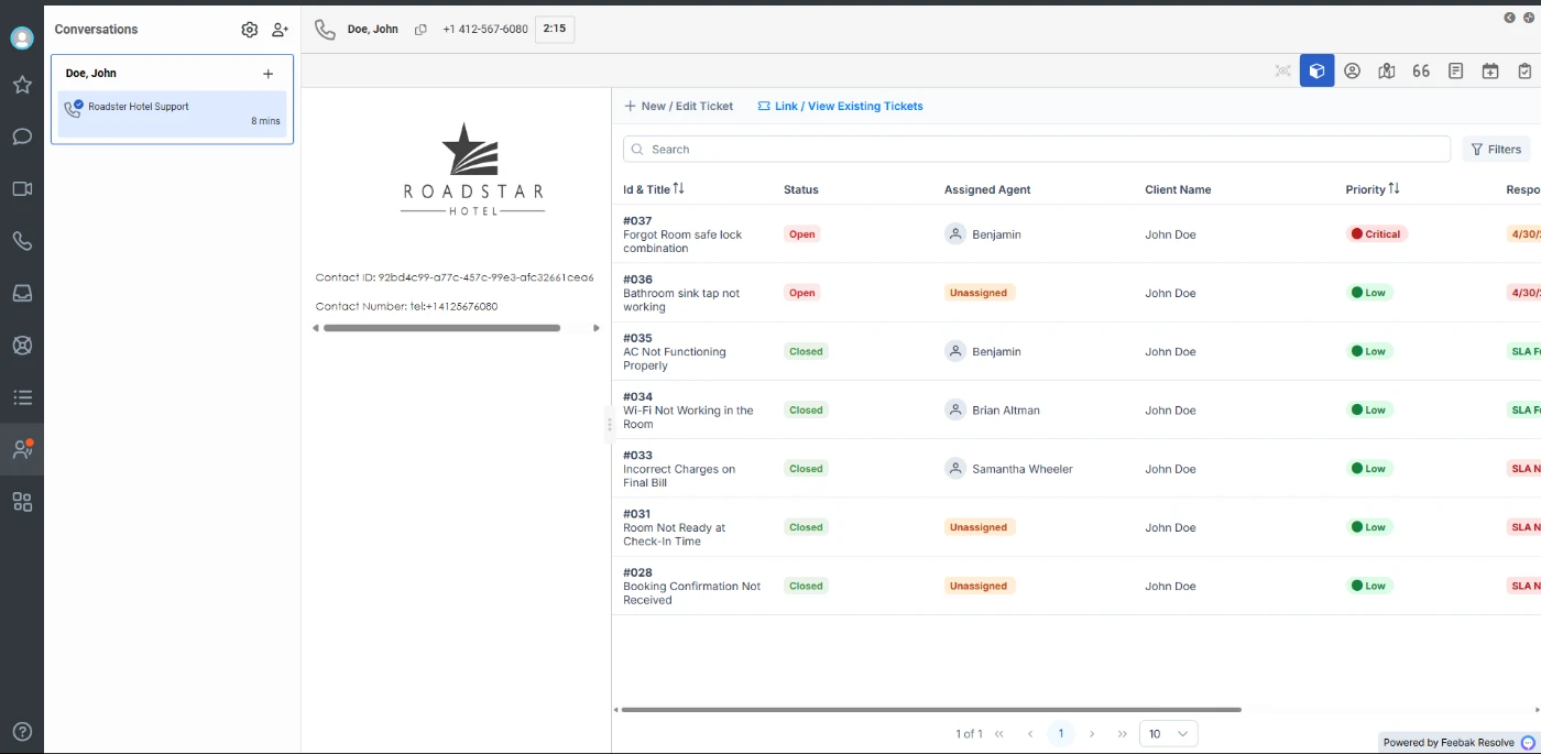 The Resolve interaction widget open in the Genesys Cloud agent desktop next to a live call, listing that contact's previous cases with their status and priority