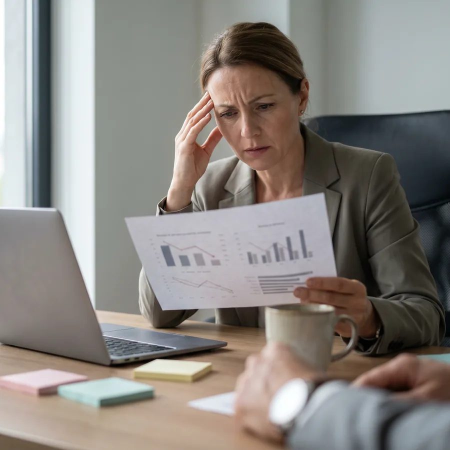 Frustrated customer reviewing reports